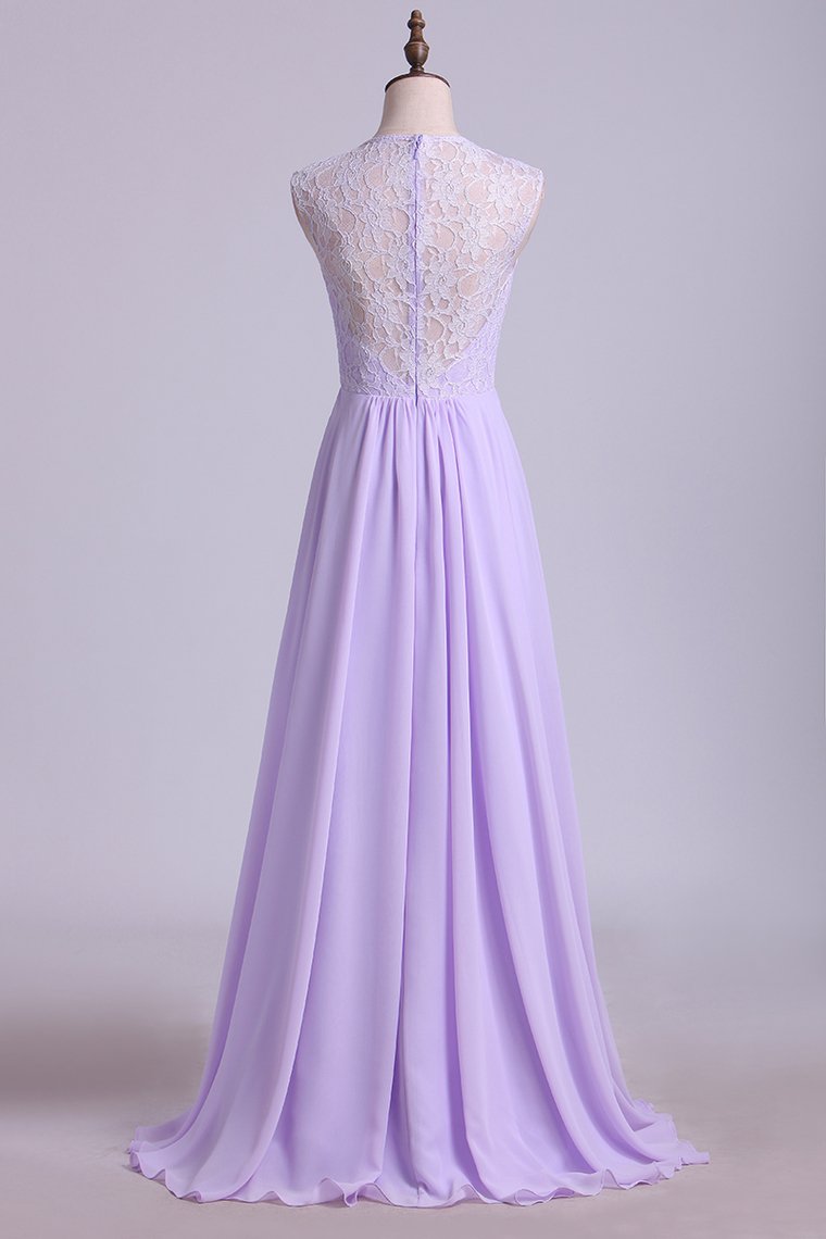 Elegant Lavender Lace Top Long Bridesmaid Dress