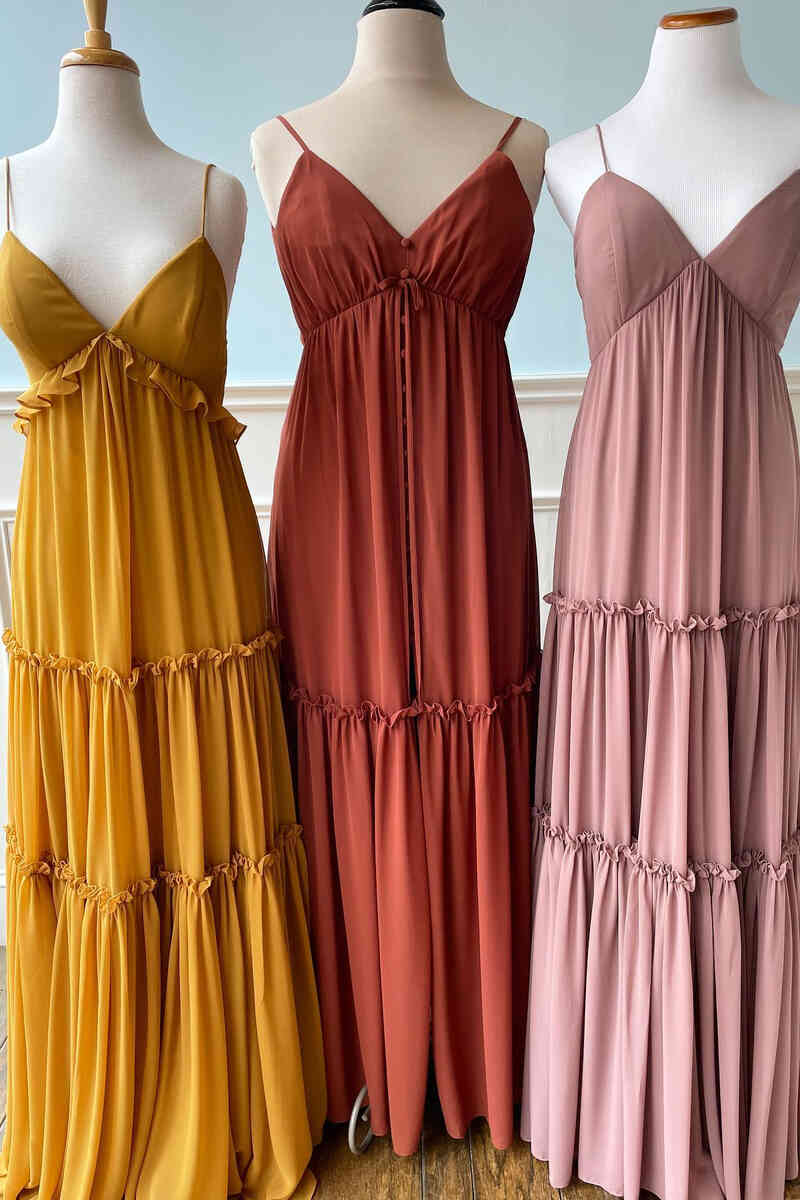 Elegant Straps High Waist Long Bridesmaid Dress with Ruffles