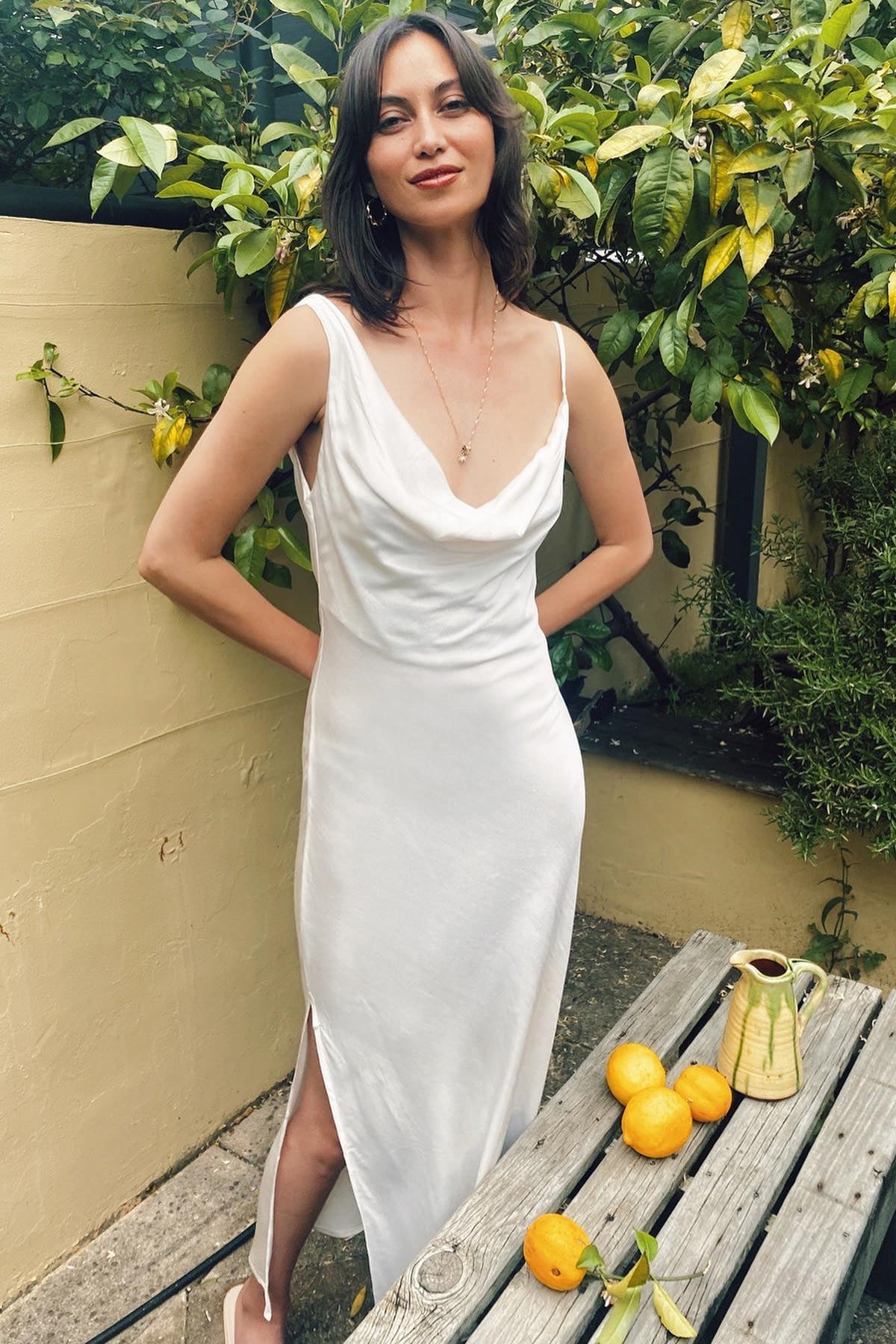 Asymmetrical Cowl Neck Ivory Satin Bridesmaid Dress