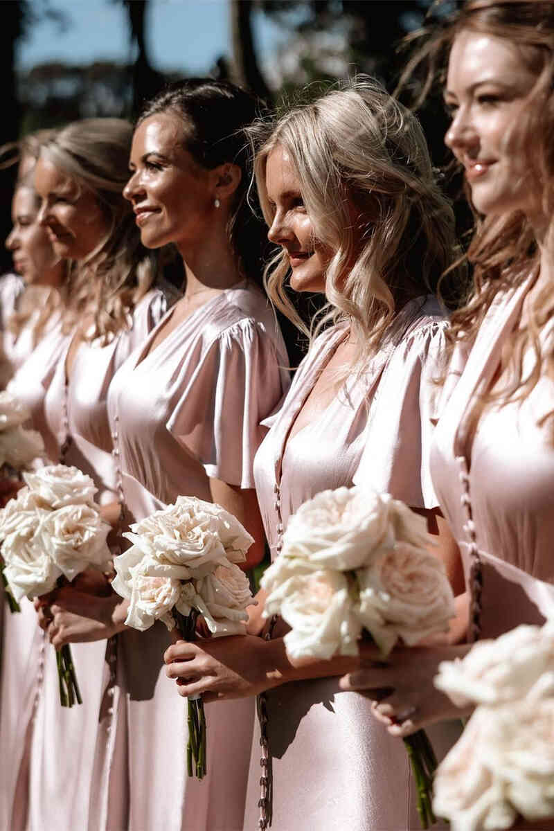 Elegant V-Neck Champagne Long Bridesmaid Dress with Sleeves