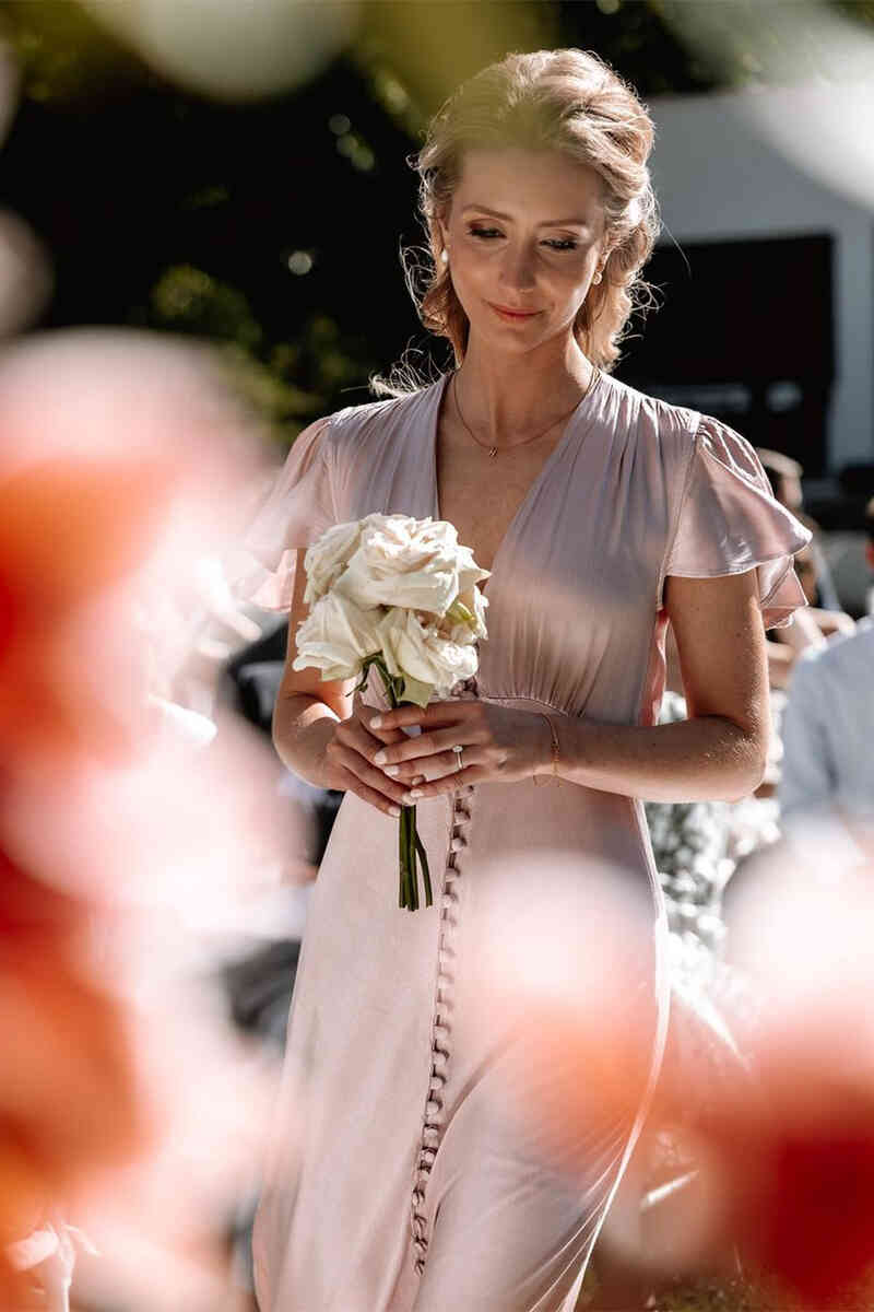 Elegant V-Neck Champagne Long Bridesmaid Dress with Sleeves