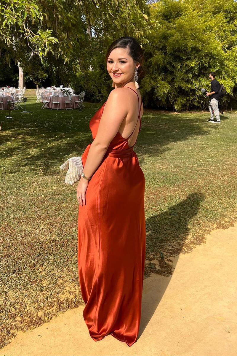 Straps V-Neck Burnt Orange Long Bridesmaid Dress