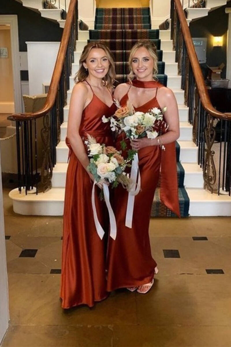 Spaghetti Straps Rust Red Long Mismatch Bridesmaid Dress