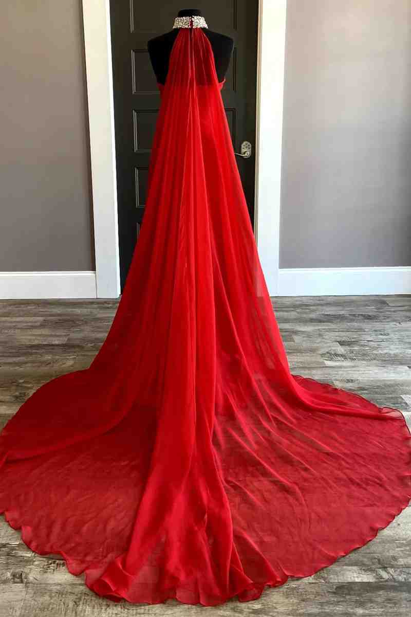 Strapless Beaded Side Slit Red Long Prom Dress with Cape