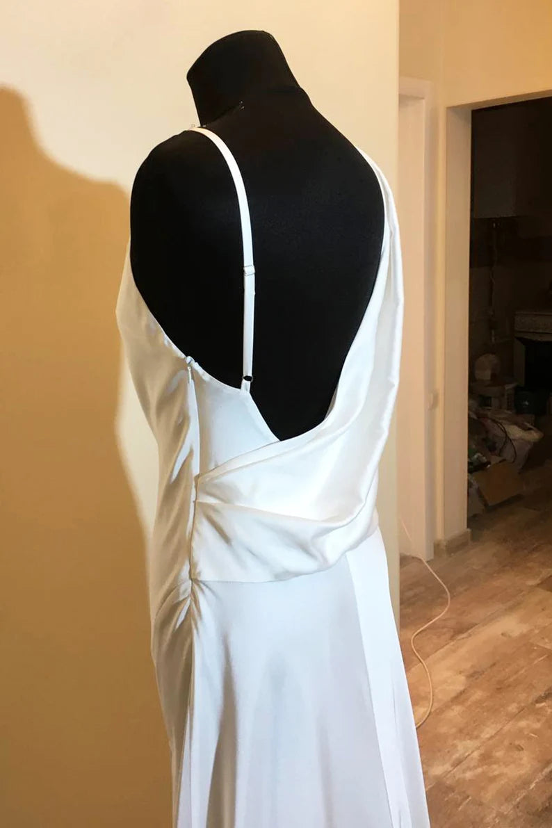 Asymmetrical Neck White Long Bridesmaid Dress with Slit