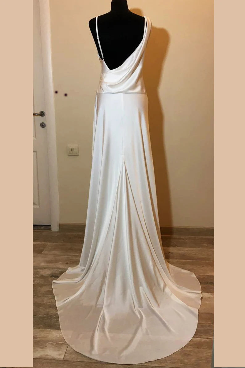 Asymmetrical Neck White Long Bridesmaid Dress with Slit