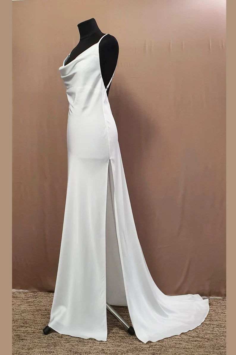 Dusty Purple Cowl Neck Satin Long Bridesmaid Dress with Slit