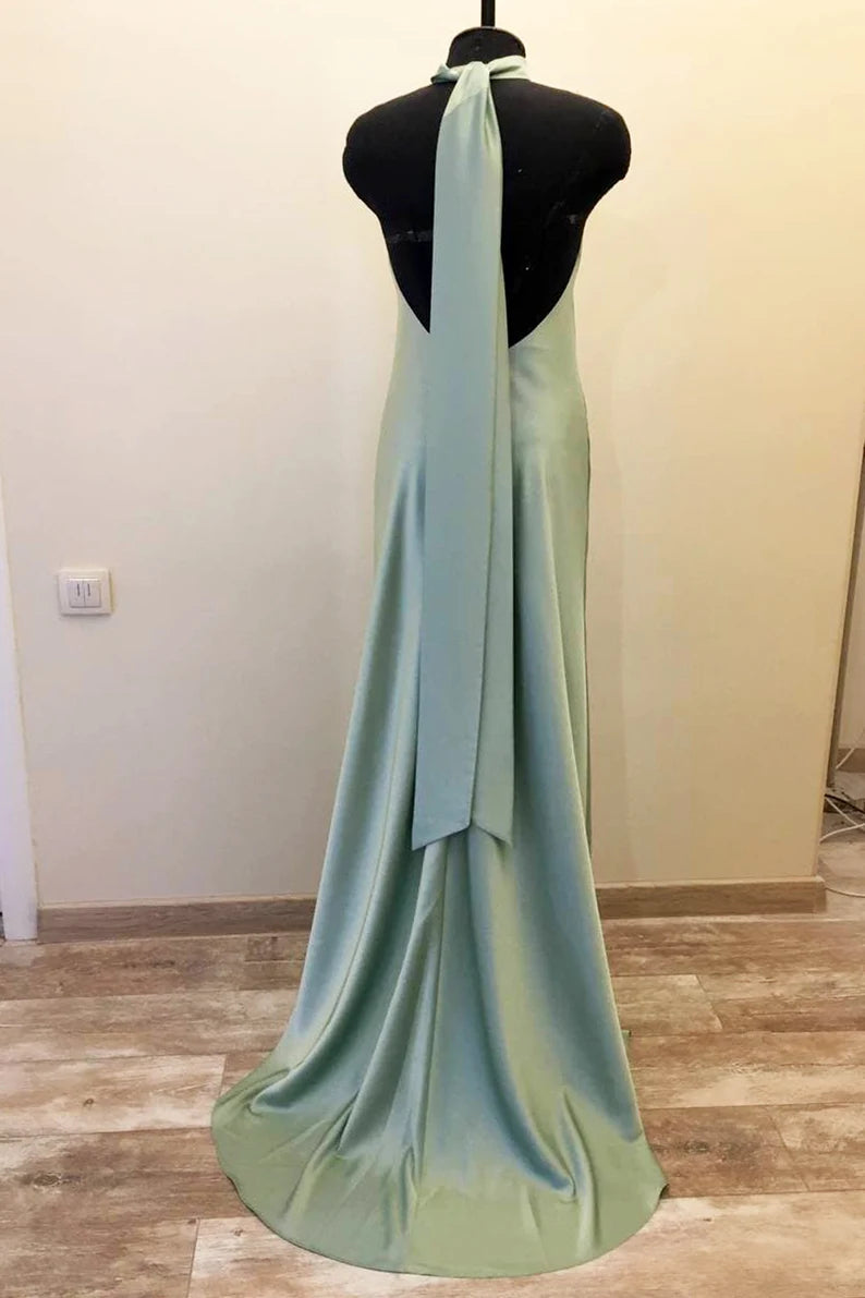 Long Satin Draped Sage Green Halter Bridesmaid Dress