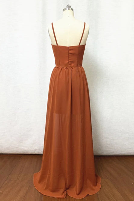 Straps Burnt Orange Bridesmaid Dresss with Removable Train
