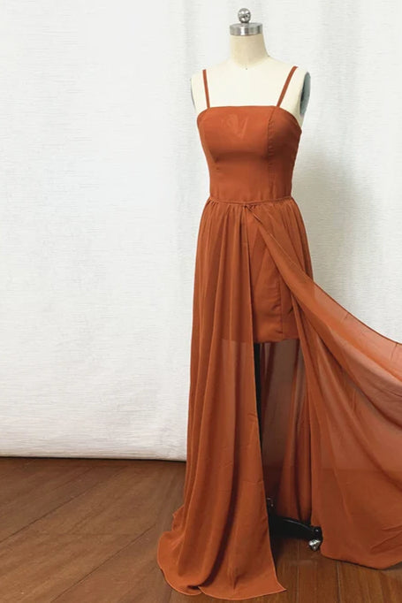 Straps Burnt Orange Bridesmaid Dresss with Removable Train