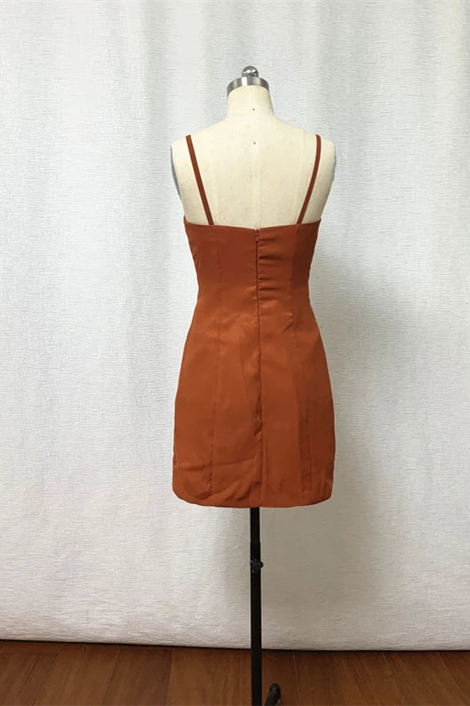 Straps Burnt Orange Bridesmaid Dresss with Removable Train