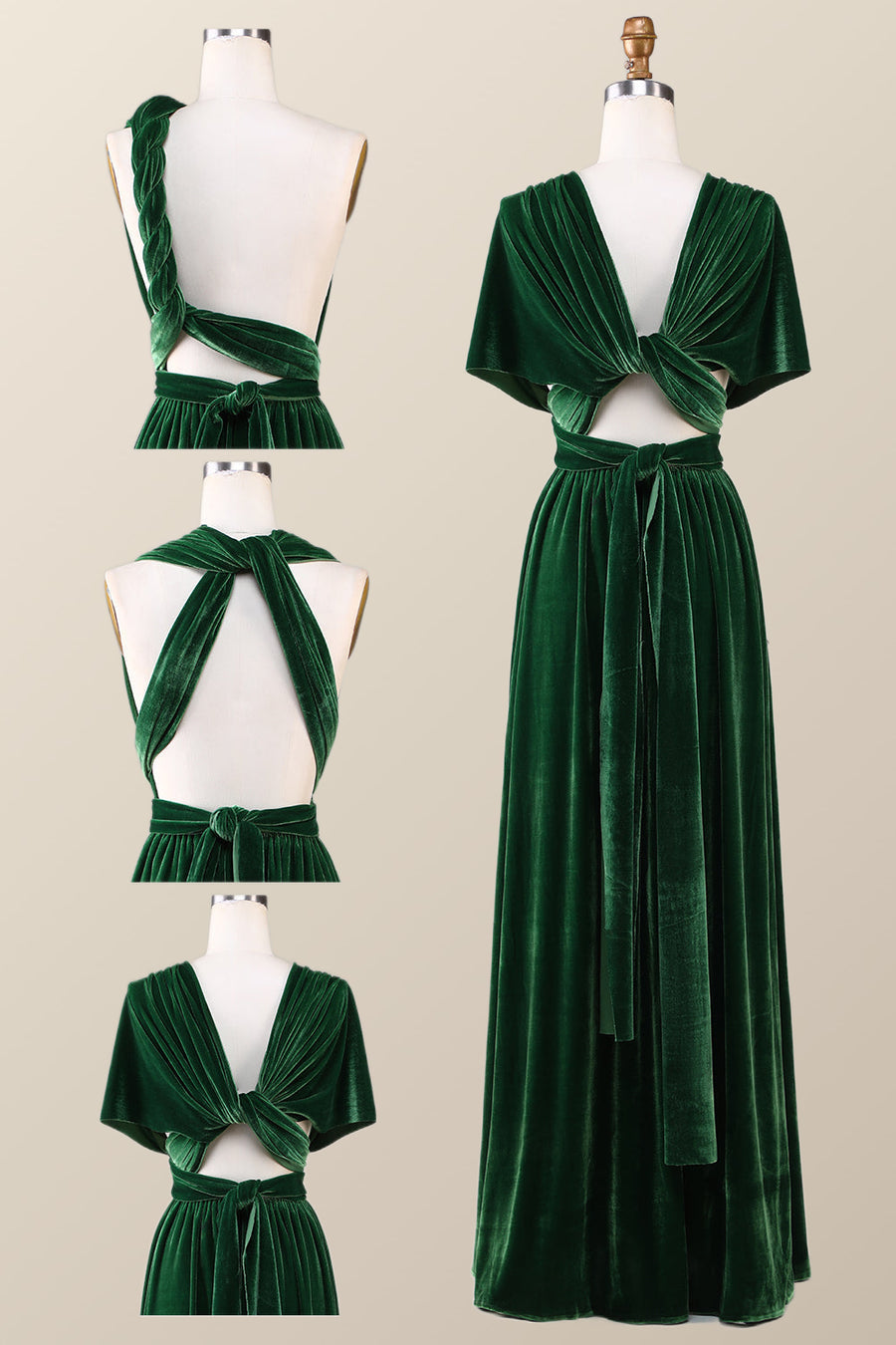 Dark Green Velvet A-line Long Convertible Bridesmaid Dress