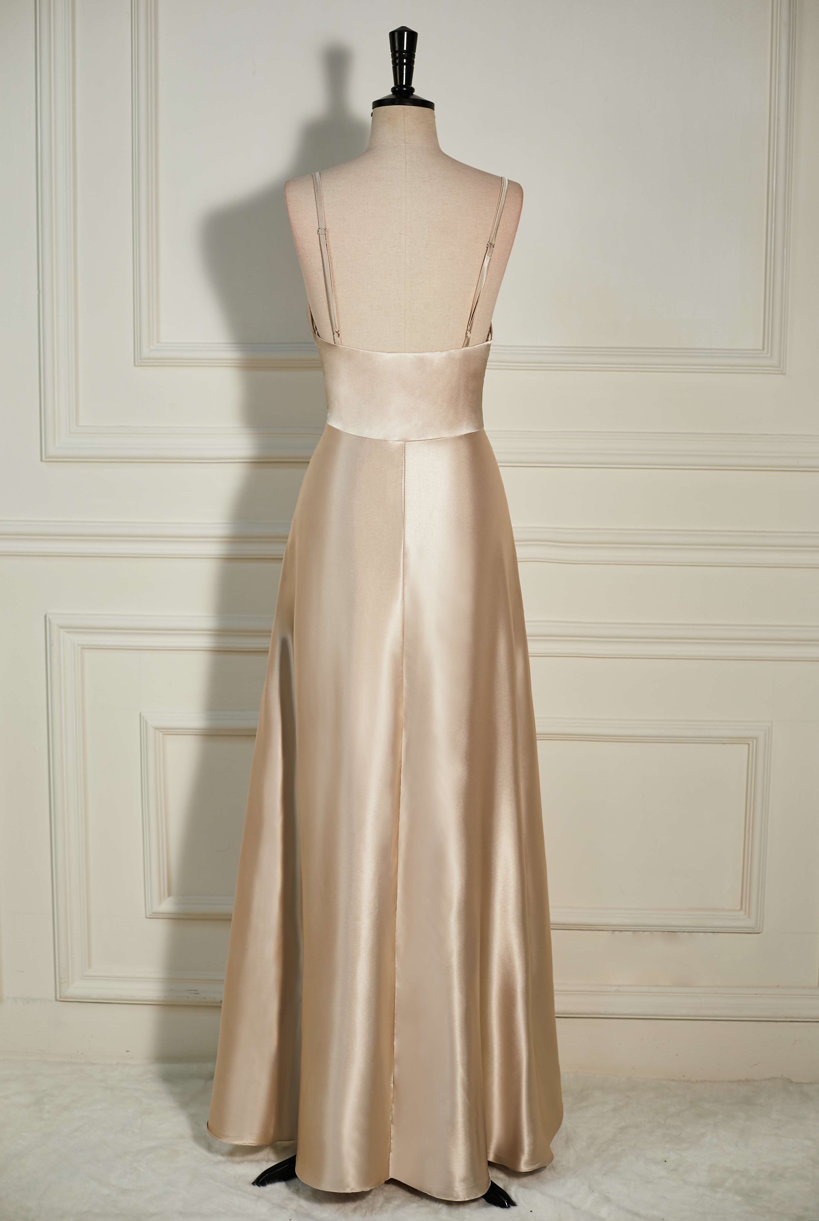 Cowl Neck Champagne A-Line Long Bridesmaid Dress with Slit