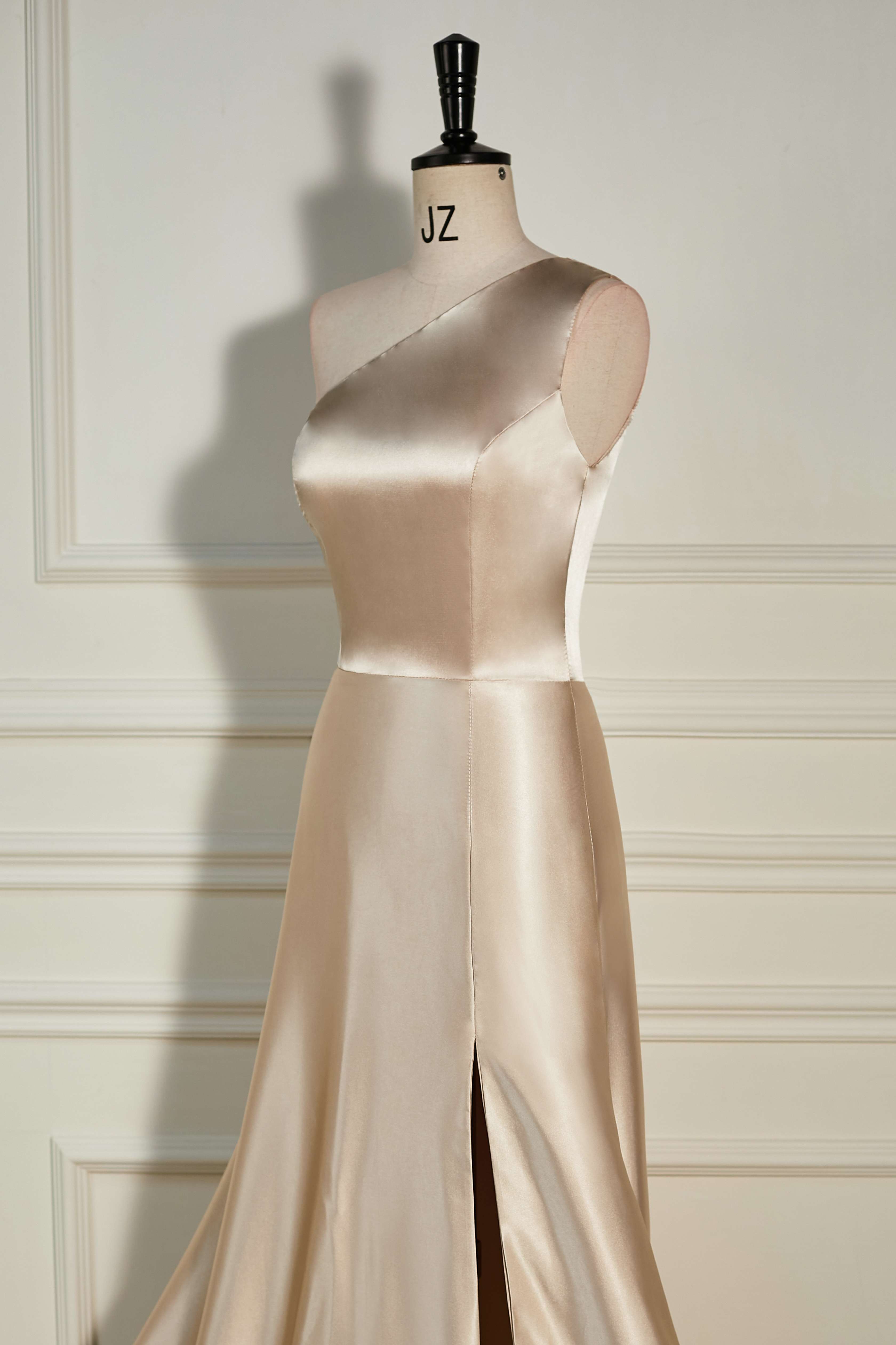 A-Line One Shoulder Champagne Slit Long Bridesmaid Dress