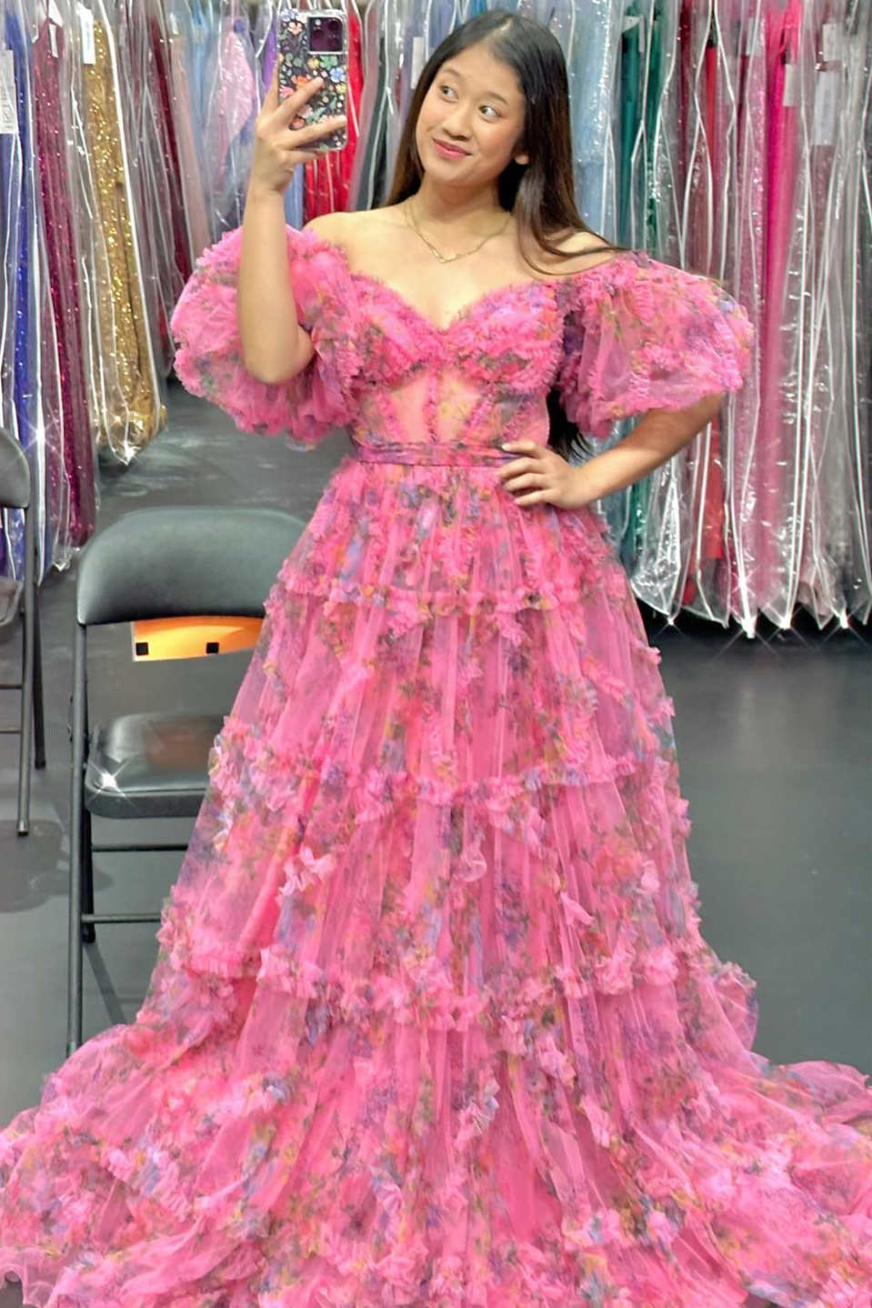 Off the Shoulder Hot Pink Floral Print A-Line Long Prom Dress