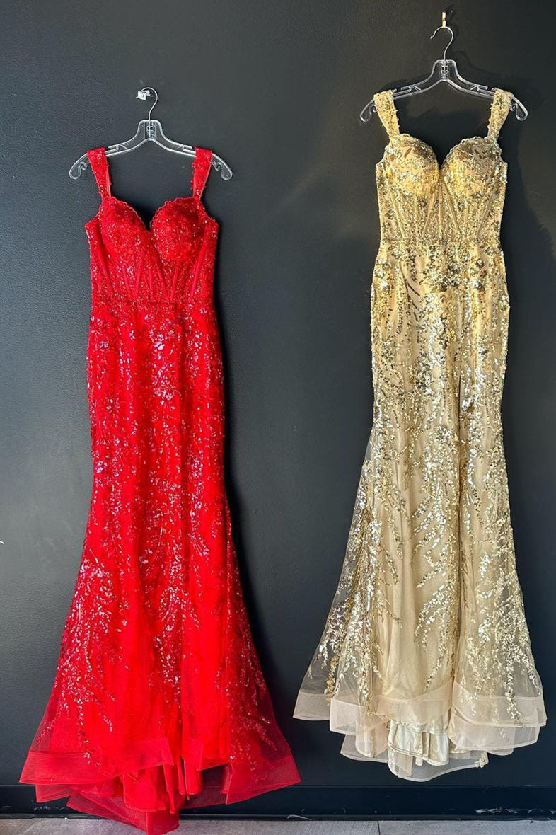 Off the Shoulder Gold Sequin Corset Mermaid Prom Dress with Slit