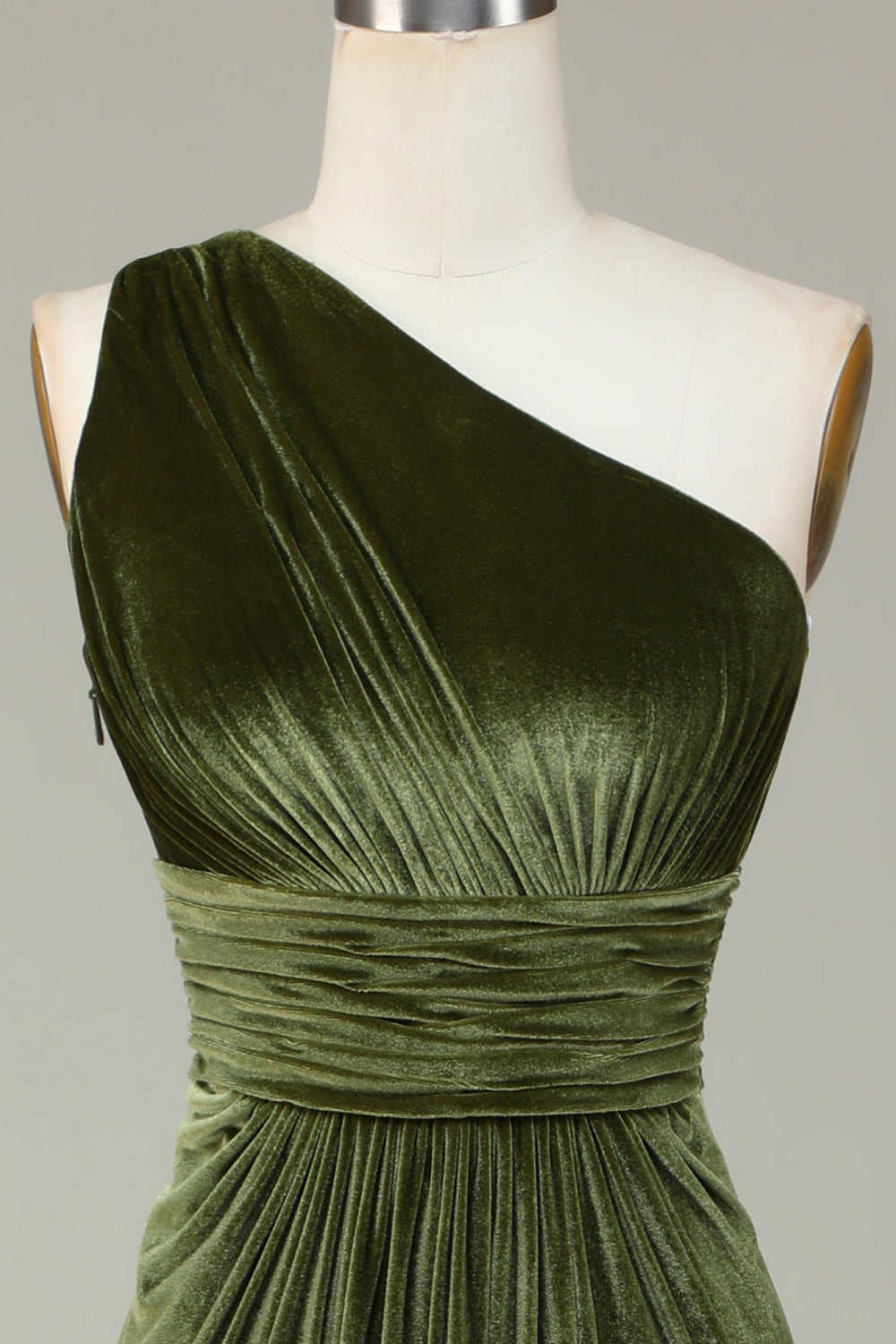 One Shoulder Olive Green Pleated Velvet Bridesmaid Dress