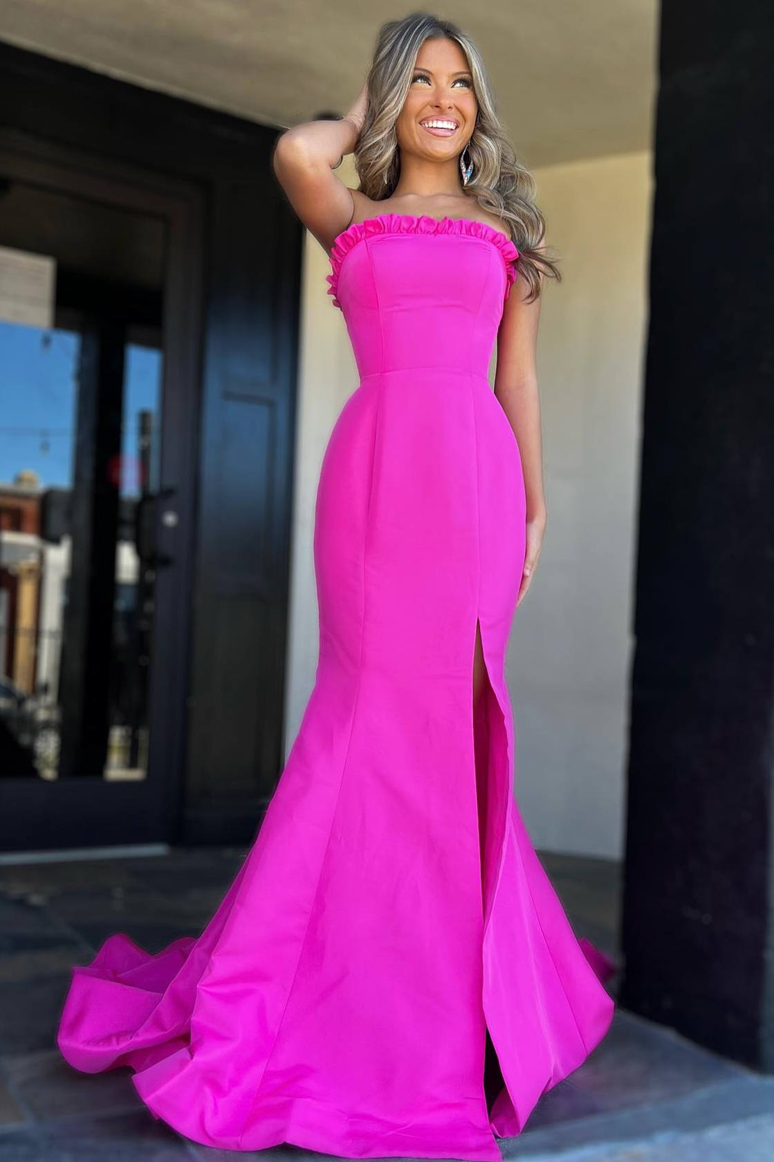 Strapless Magenta Ruffle Mermaid Slit Long Prom Dress