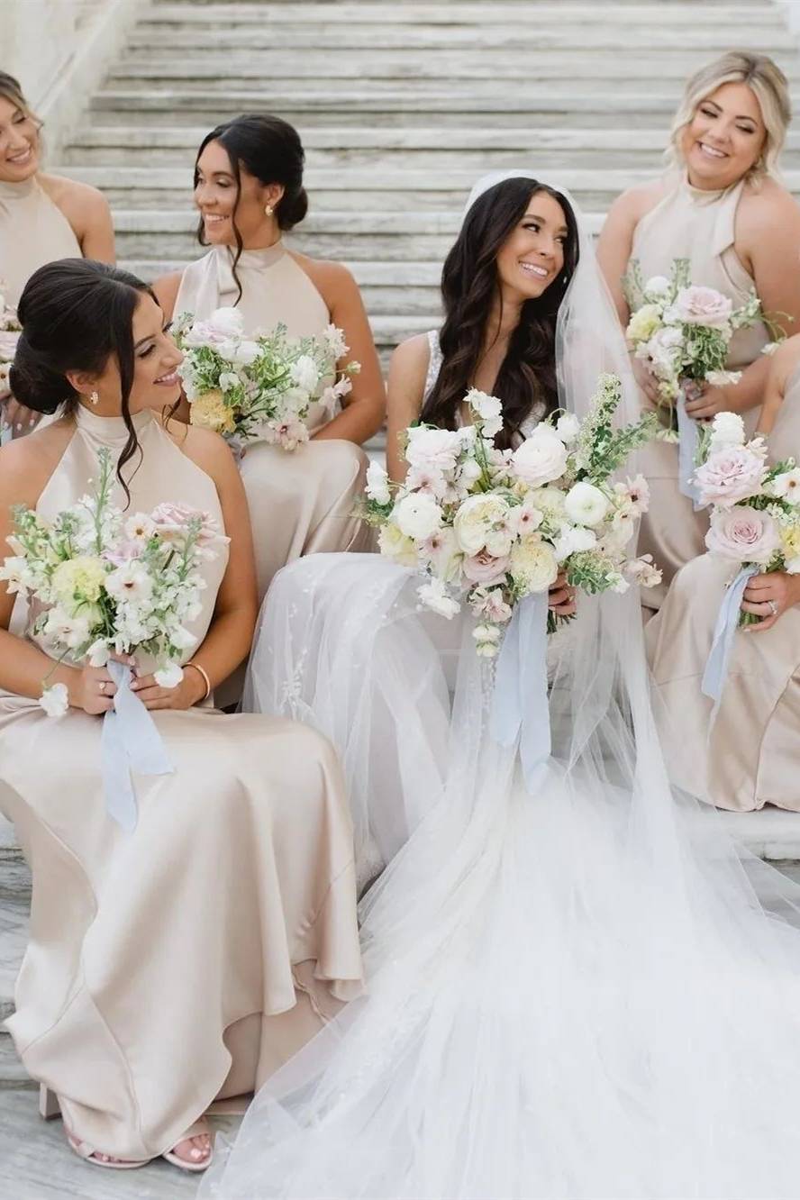 Elegant High Neck Dusty Rose Long Bridesmaid Dress