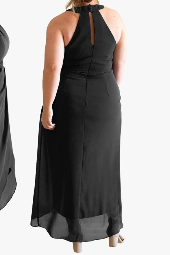 Black Hight Neck Chiffon Midi Bridesmaid Dress