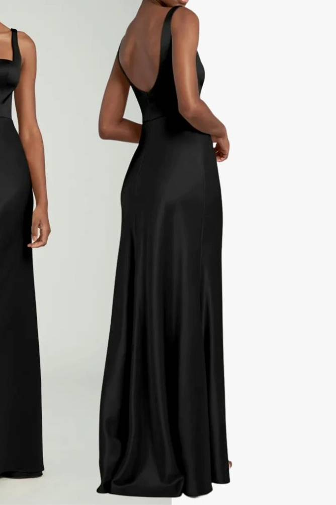 Elegant Square Neck Black Long Bridesmaid Dress