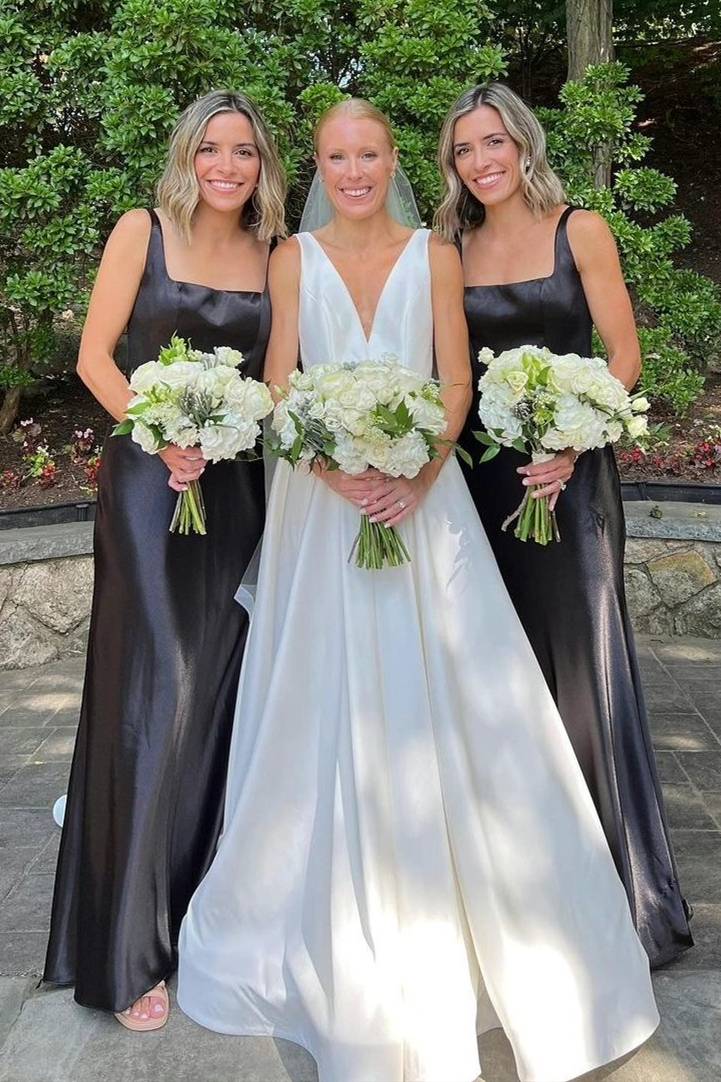 Elegant Square Neck Black Long Bridesmaid Dress