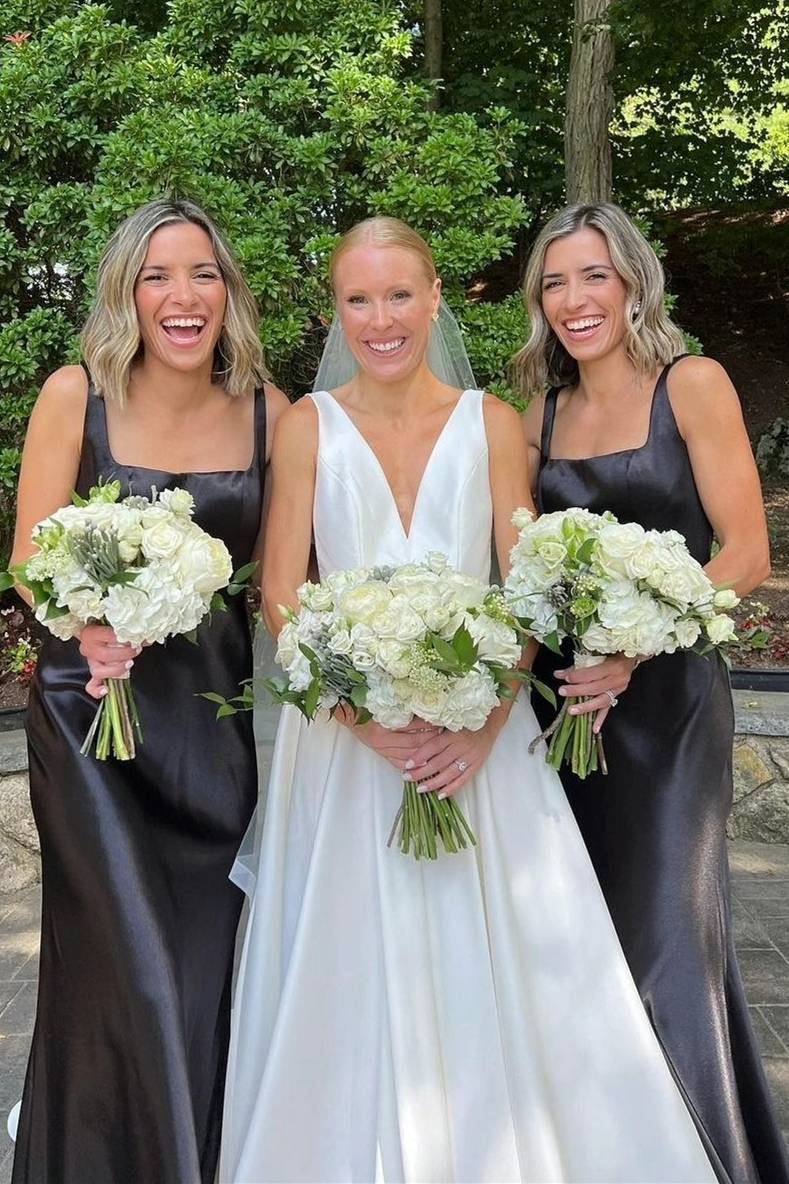 Elegant Square Neck Black Long Bridesmaid Dress