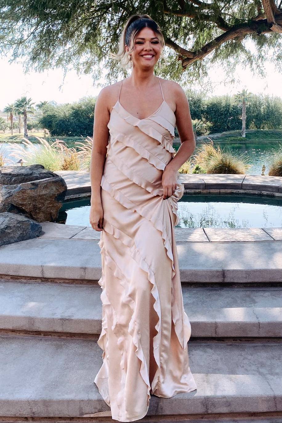 Straps Champagne Ruffle Maxi Bridesmaid Dress