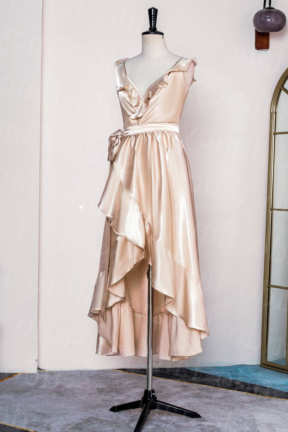 V-Neck Champagne Ruffle Wrap Midi Bridesmaid Dress