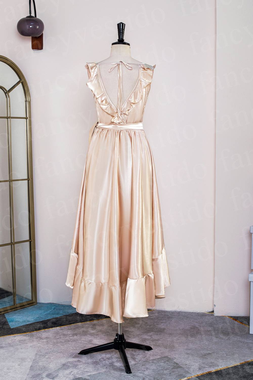 V-Neck Champagne Ruffle Wrap Midi Bridesmaid Dress