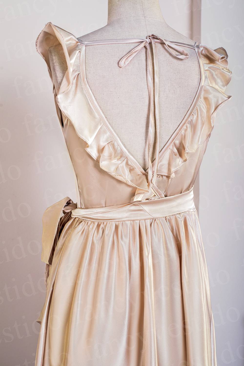 V-Neck Champagne Ruffle Wrap Midi Bridesmaid Dress