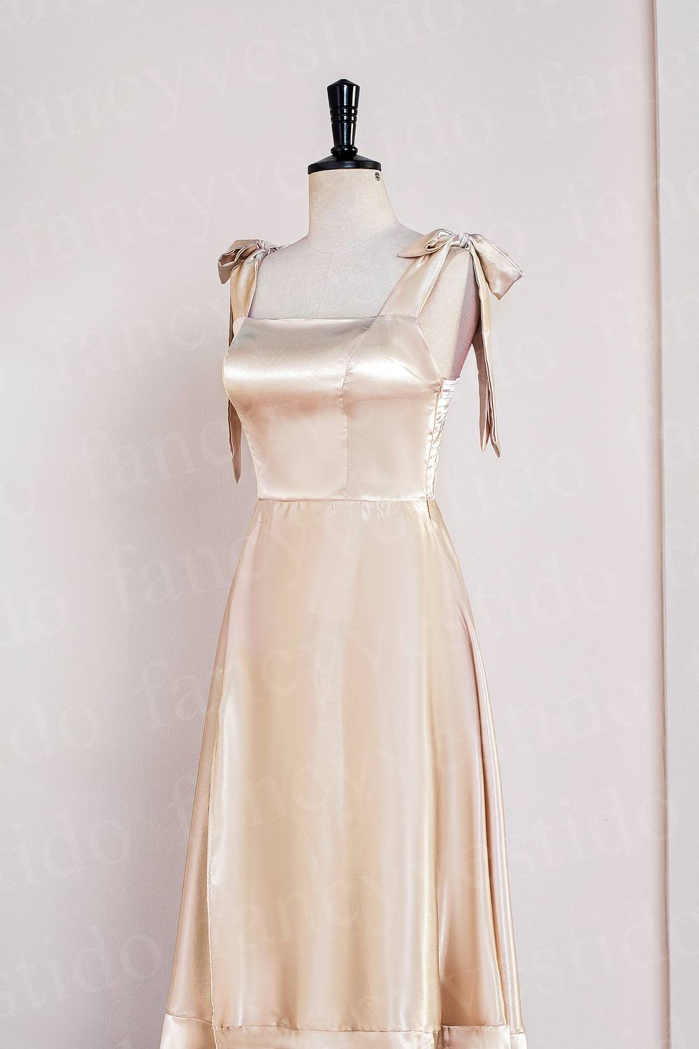 Tie Shoulder Champagne Slit Midi Bridesmaid Dress