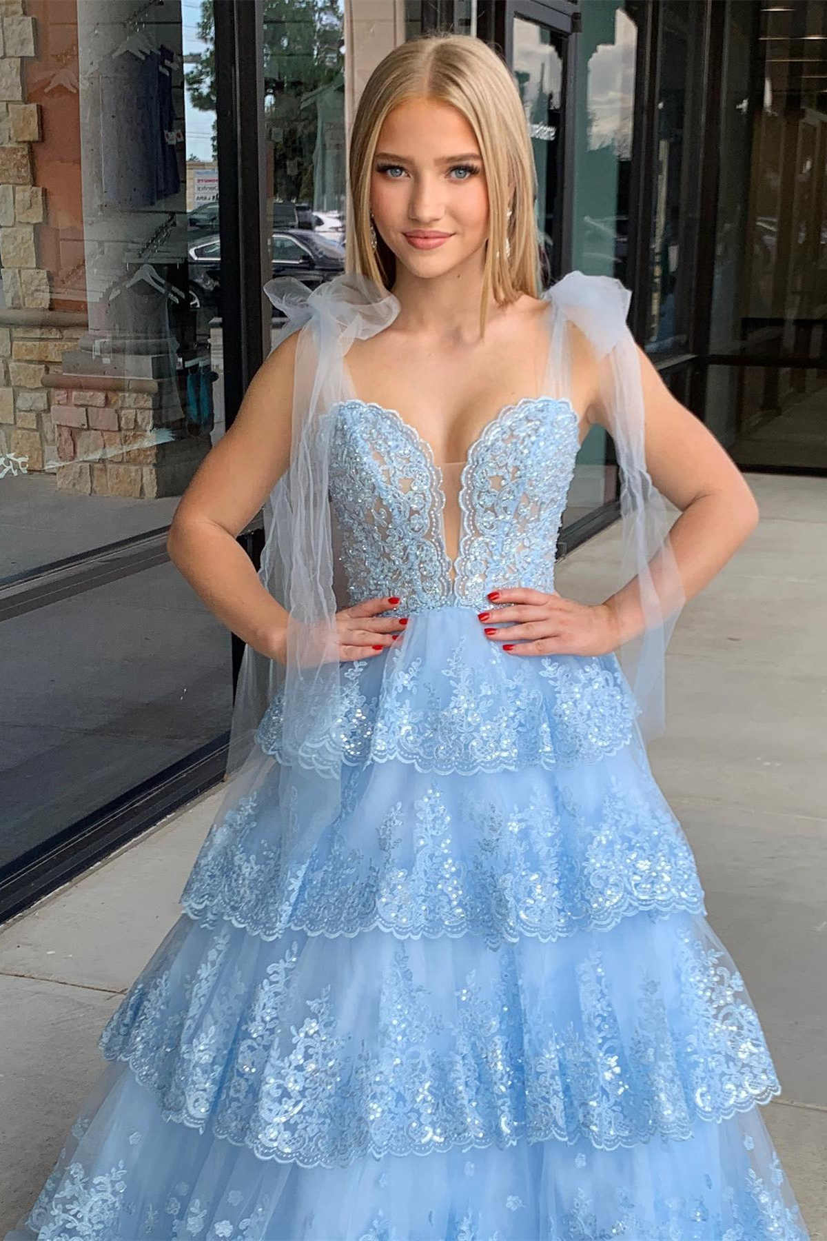 Tie Straps Light Blue Plunging Neck Layered Prom Dress with Appliques