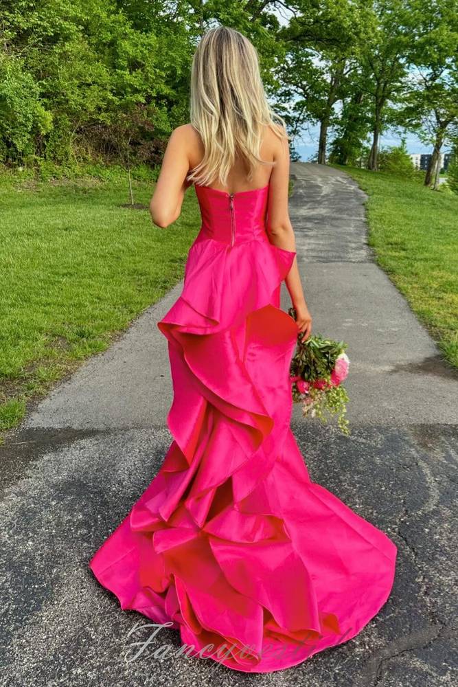 Red Satin Strapless  Ruffle Mermaid Long Prom Dress