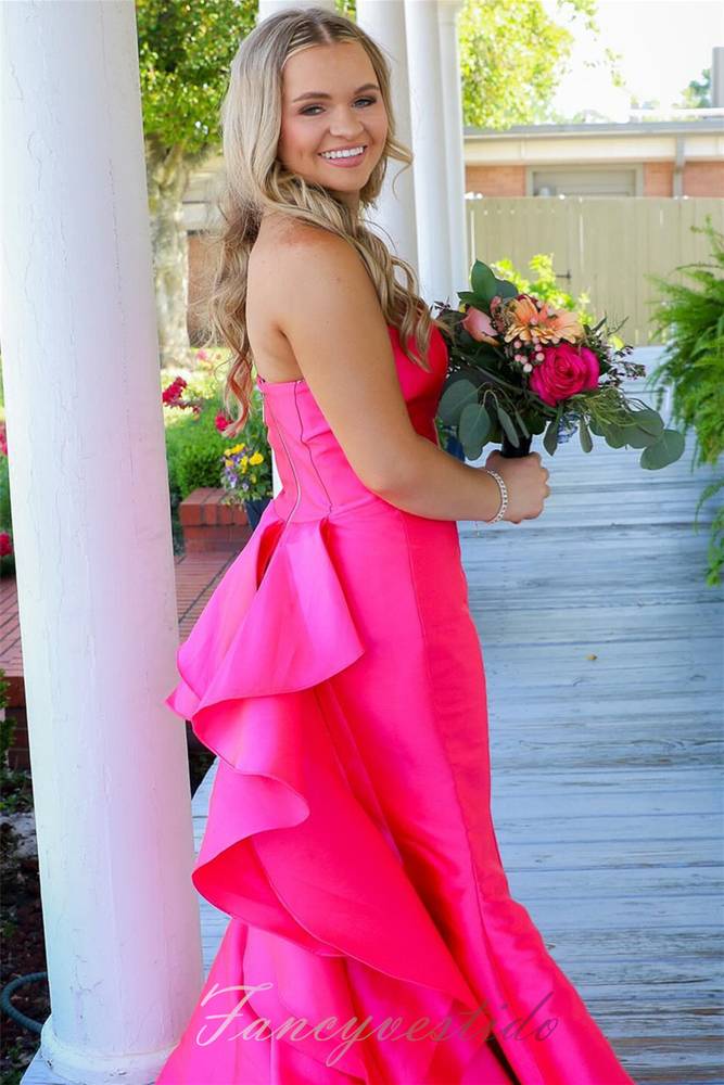 Red Satin Strapless  Ruffle Mermaid Long Prom Dress