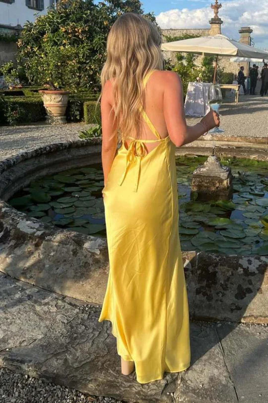 Yellow Straps V-Neck Slit Maxi Dress with Lace-up