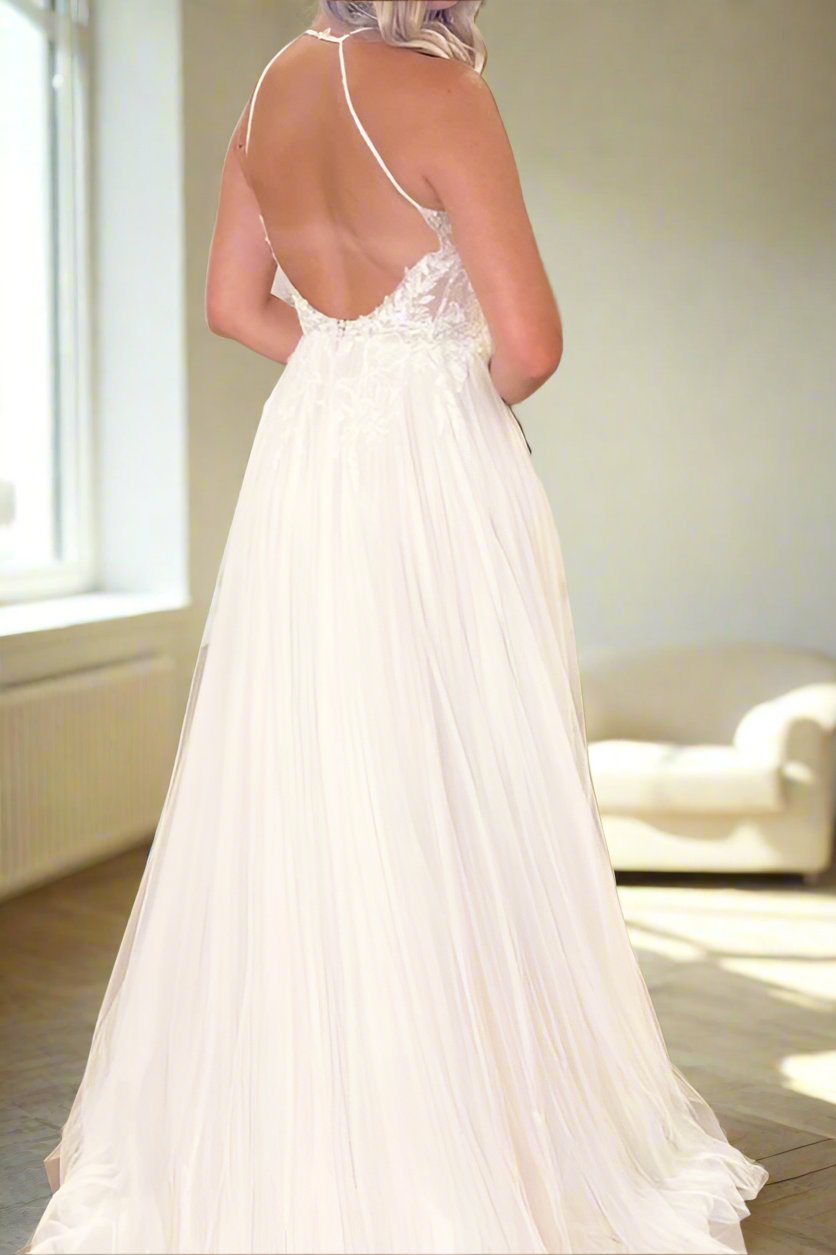 Halter Applique Wedding Dress with Open Back