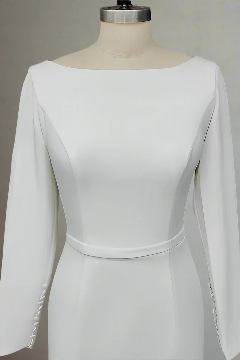 Long Sleeves Satin Wedding Dress with Crew-Neck