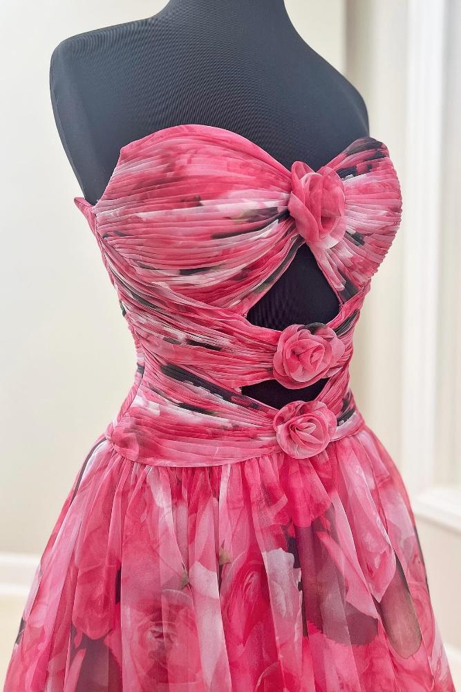 Sweetheart Keyhole Floral Print A-Line Prom Dress