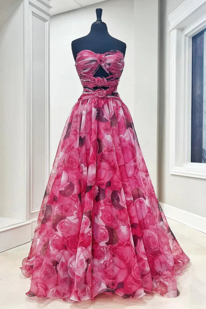 Sweetheart Keyhole Floral Print A-Line Prom Dress