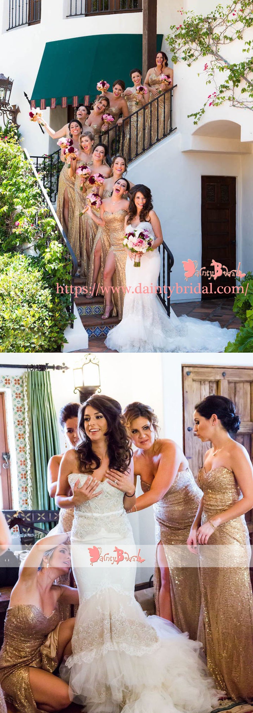 Gold Sequin Sweetheart Strapless Mermaid Bridesmaid Dresses With High Splits,DB117