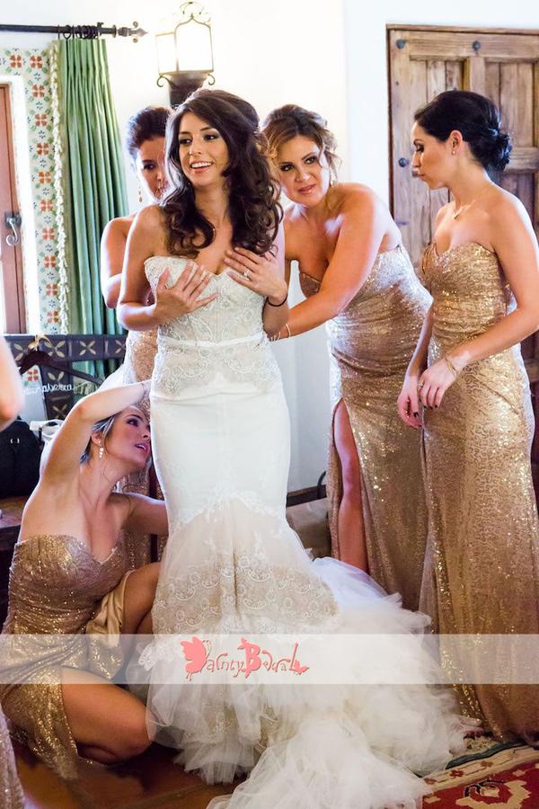 Gold Sequin Sweetheart Strapless Mermaid Bridesmaid Dresses With High Splits,DB117