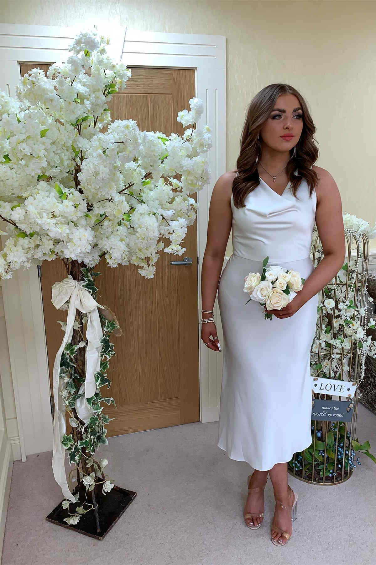 Formal Wear Dresses/Cowl Neck Ivory Sheath Tea Length Bridesmaid Dress