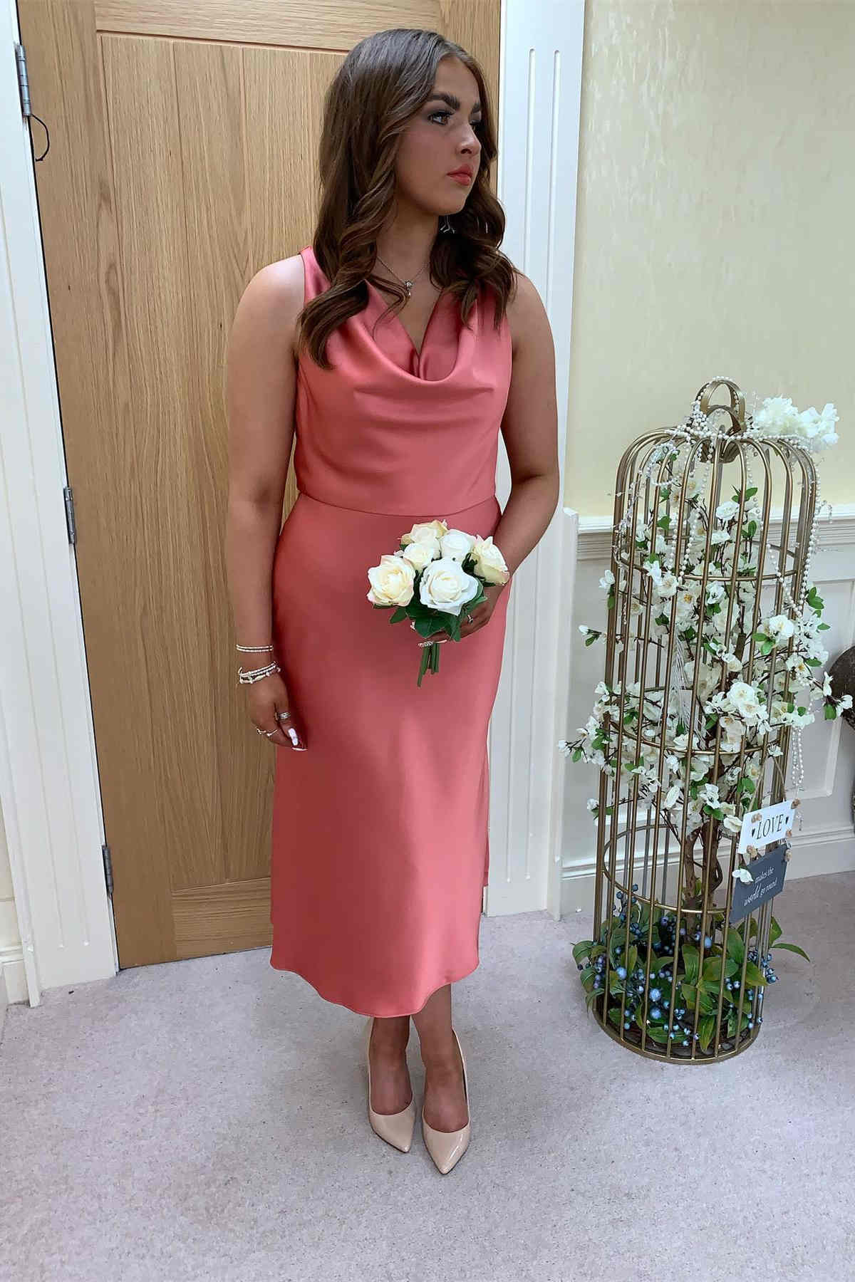 Formal Wear Dresses/Cowl Neck Ivory Sheath Tea Length Bridesmaid Dress