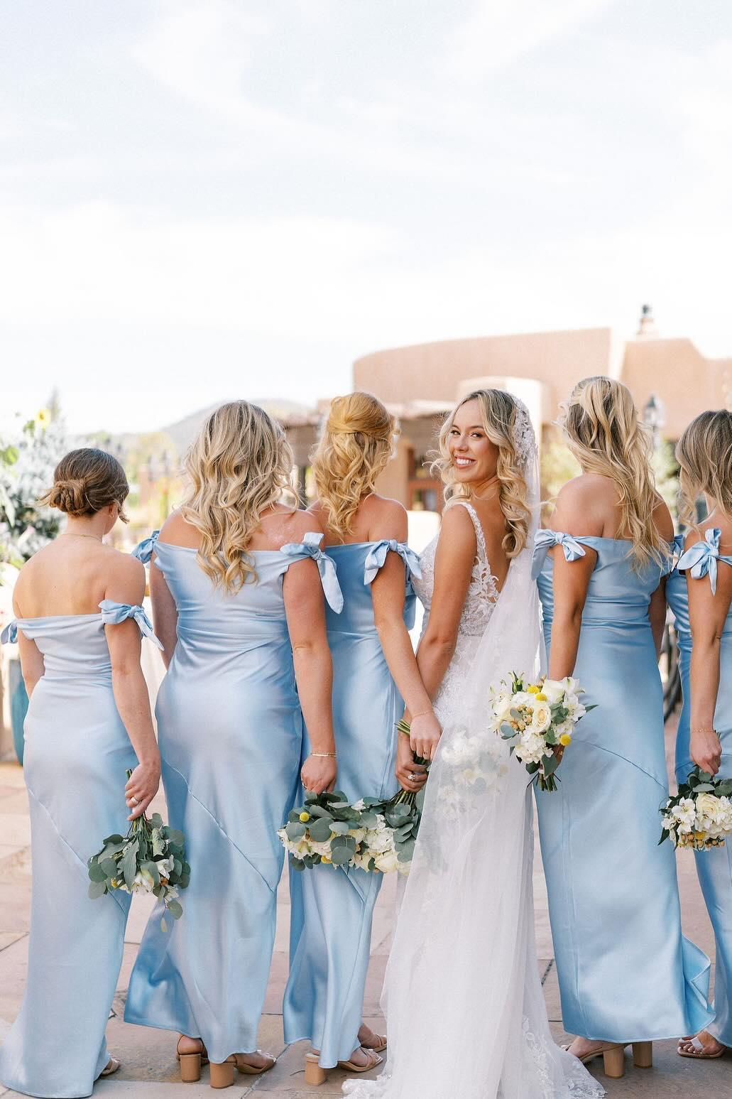 Formal Wear Dresses/Off the Shoulder Light Blue Sheath Bridesmaid Dress