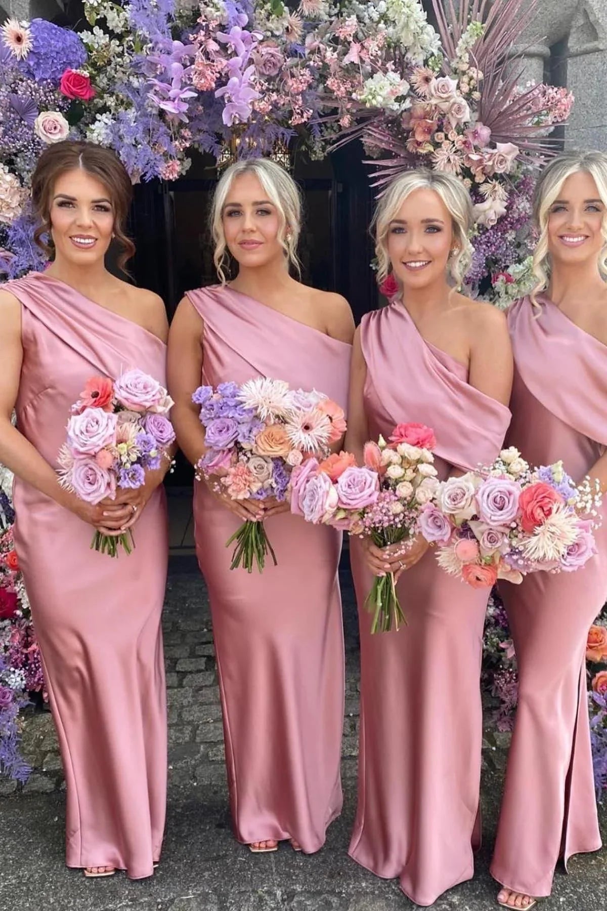 Formal Wear Dresses/One Shoulder Blush Fitted Floor Length Bridesmaid Dress