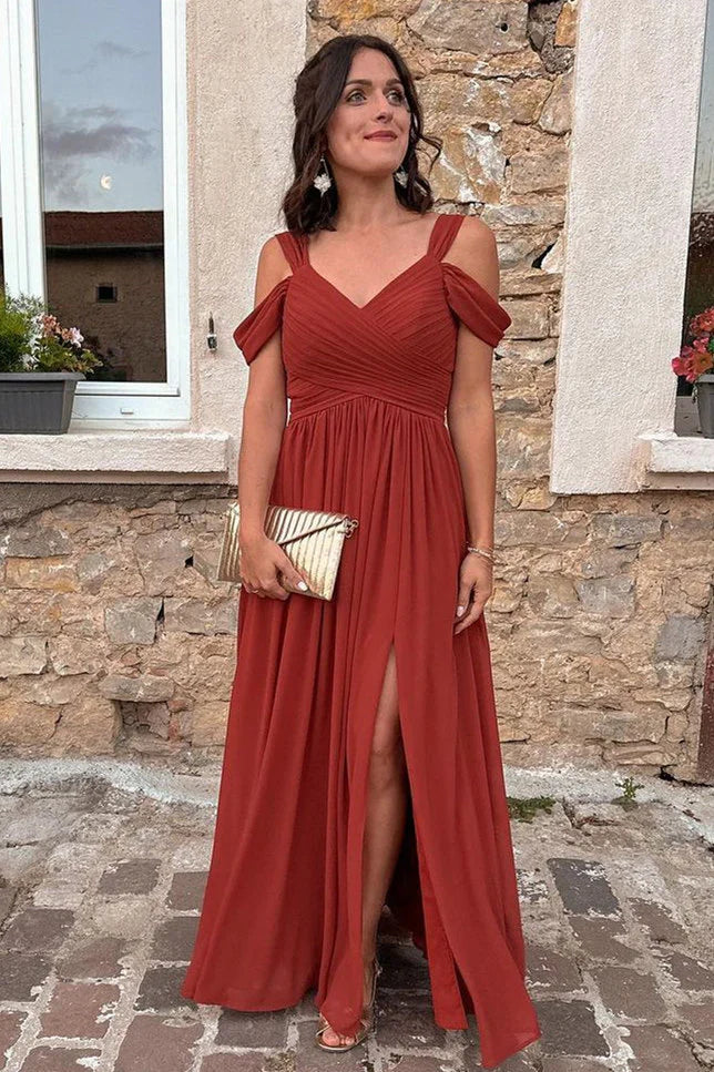 Formal Wear Dresses/Rust Red Cold Sleeves Pleated Long Bridesmaid Dress with Slit