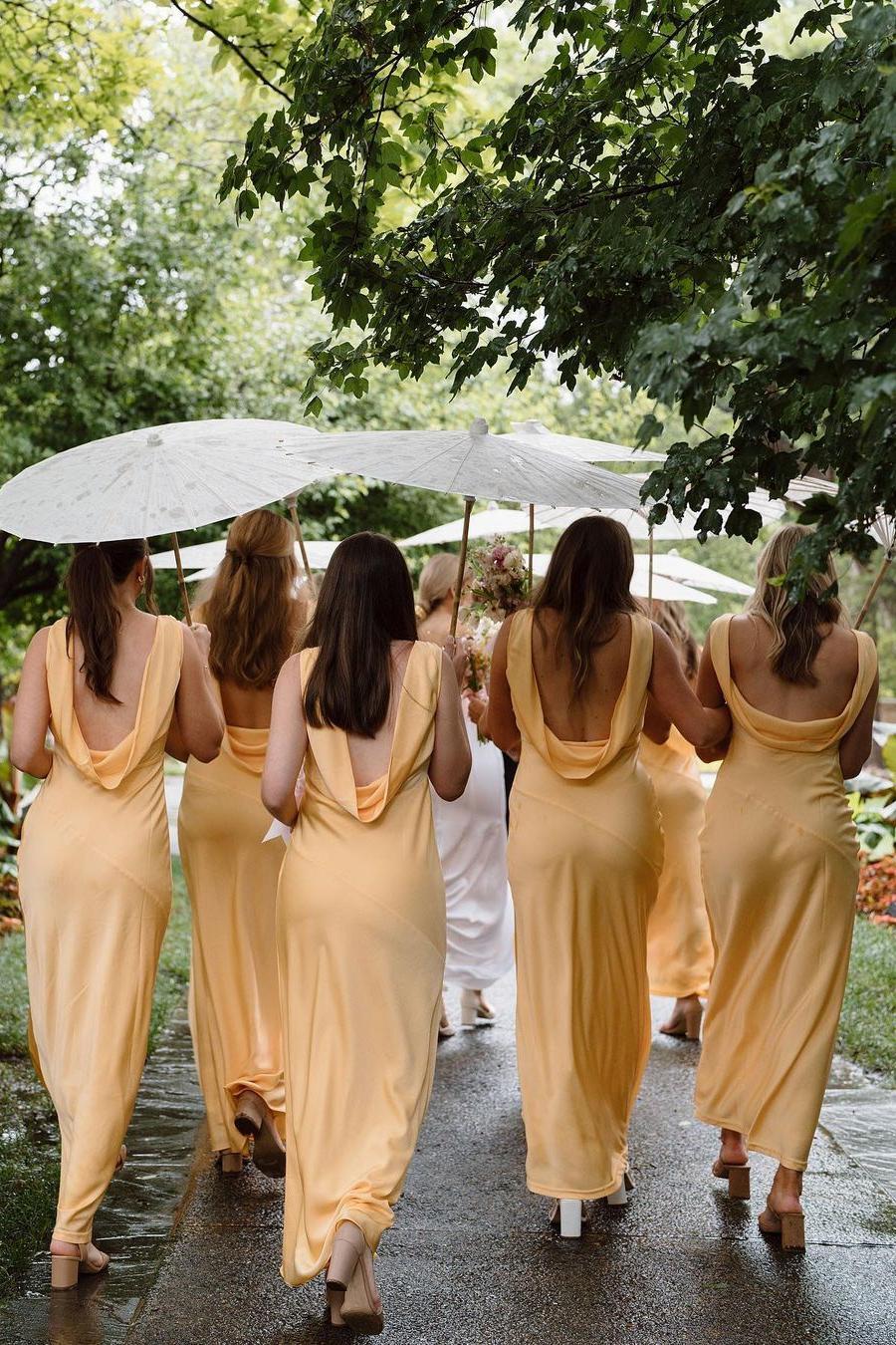 Formal Wear Dresses/V Neck Yellow Soft Satin Long Bridesmaid Dress