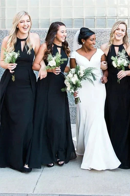 Formal Women's Dresses/Floor-Length Jewel Hollow Black Bridesmaid Dress