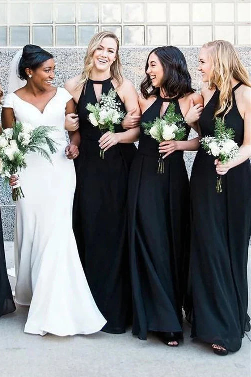 Formal Women's Dresses/Floor-Length Jewel Hollow Black Bridesmaid Dress